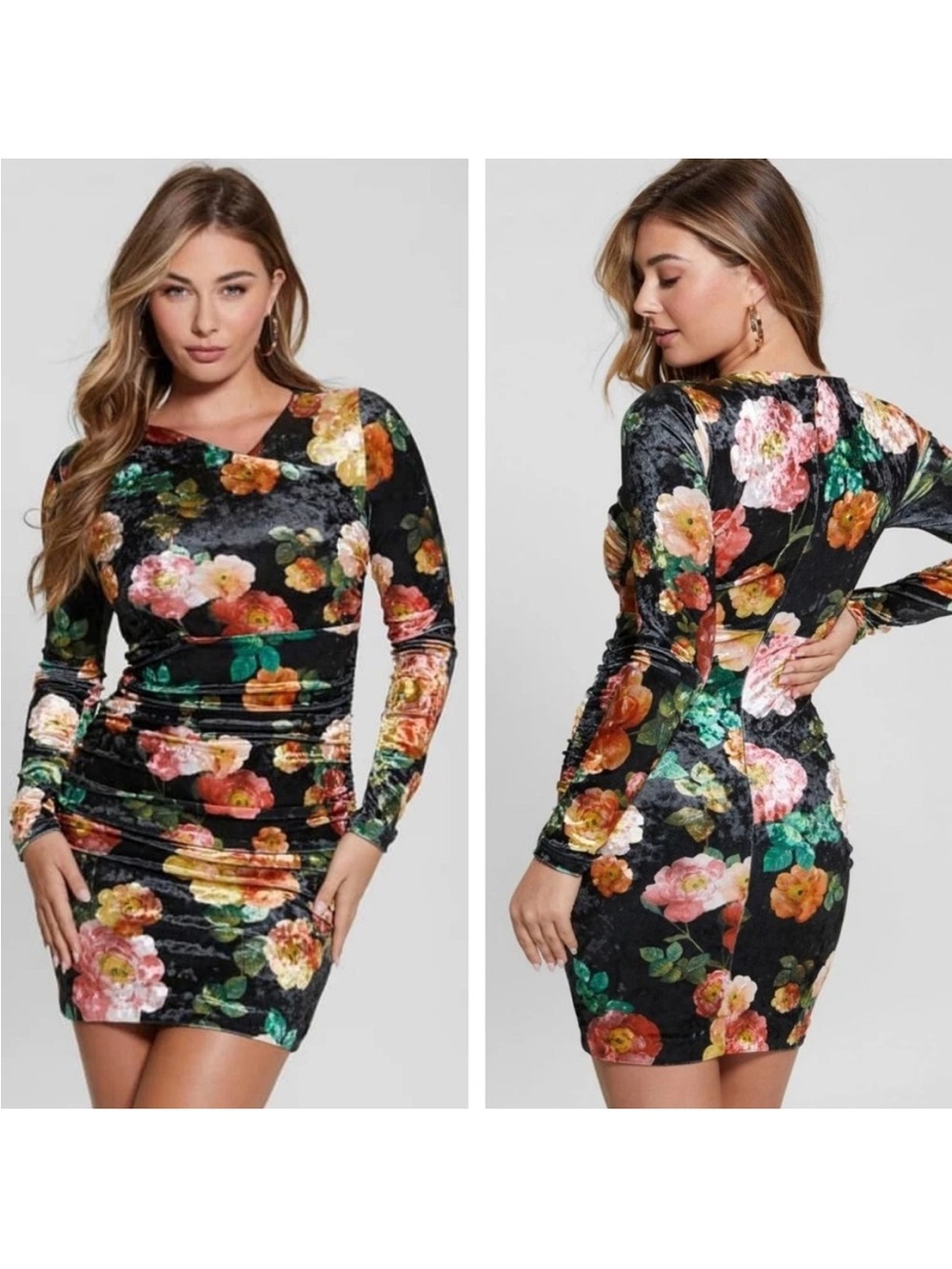 GUESS Eco Tess Peony Charm Print Long Sleeve Velvet Mini Dress--NWT--S - Picture 8 of 16